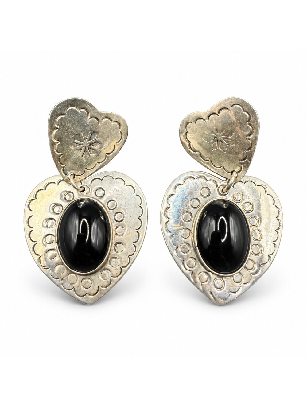 Taxco Mexico 925 TM-180 Black Stone Heart Dangle Earrings 14.92g